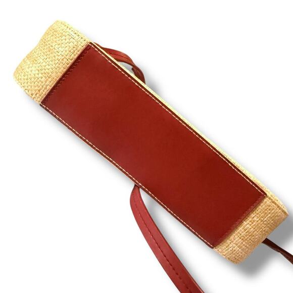 VTG Etienne Aigner Woven Straw & Cranberry Trim Shoulder Bag Wood Sandal Fob - Picture 4 of 14